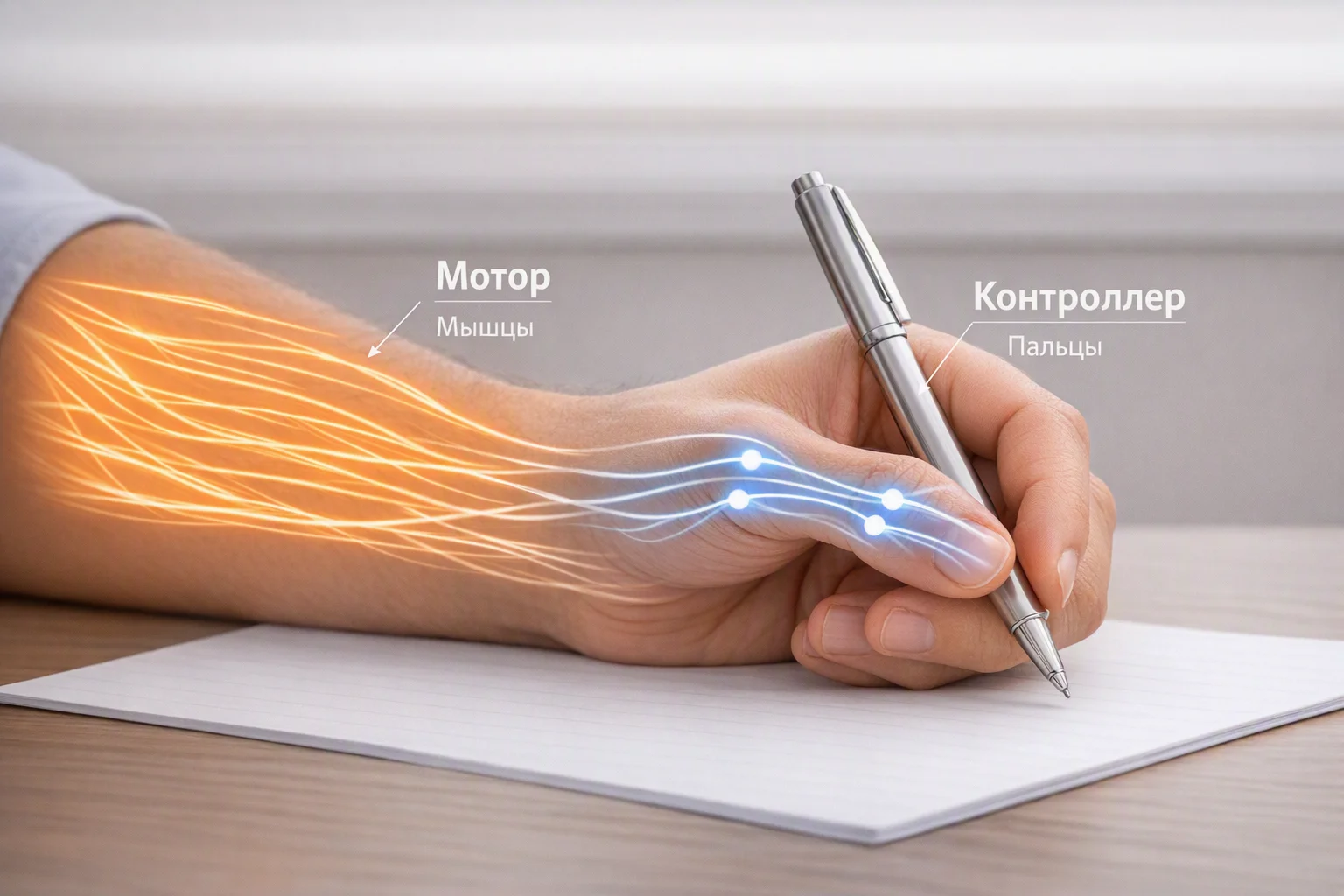 Схема биомеханики письма: предплечье как мотор и пальцы как контроллер точности движений